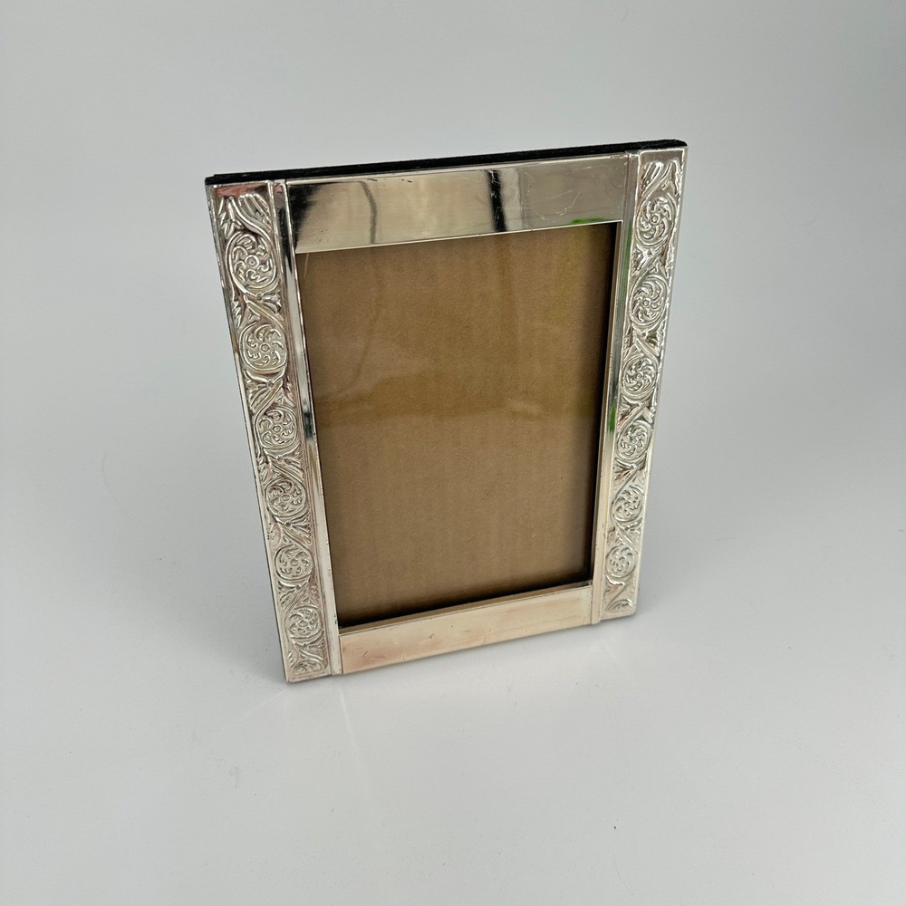 Fetco Silver Tone 5x7 Picture Frame Embossed Floral Scrollwork Metal Tabletop